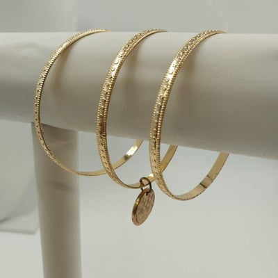 Three Set of Jewelry Bangles Thin Bracelets Gold Tone One with Gold Disc Dangle