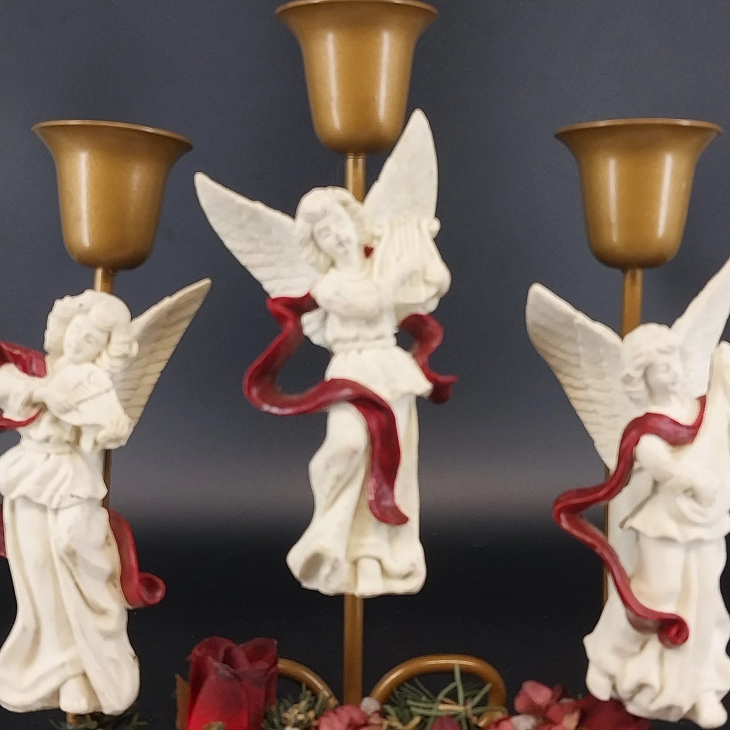 Angel Trio 3-Candle Holder Burgundy Floral Wreath Christmas Centerpiece 9"