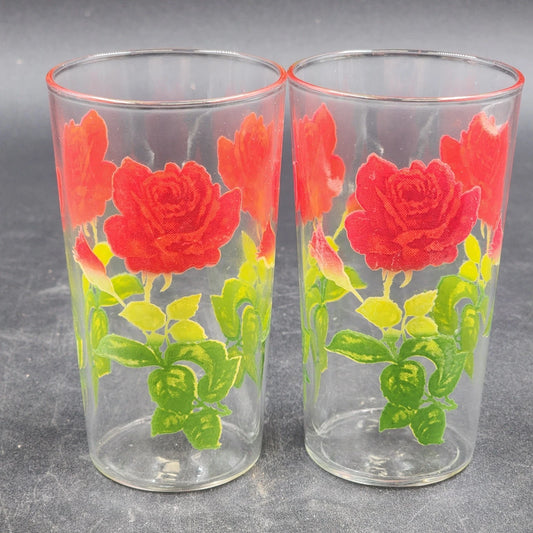 2 Stemmed Red Rose Tumbler Glasses w Green and Yellow Leaves 8 oz Vintage Rare