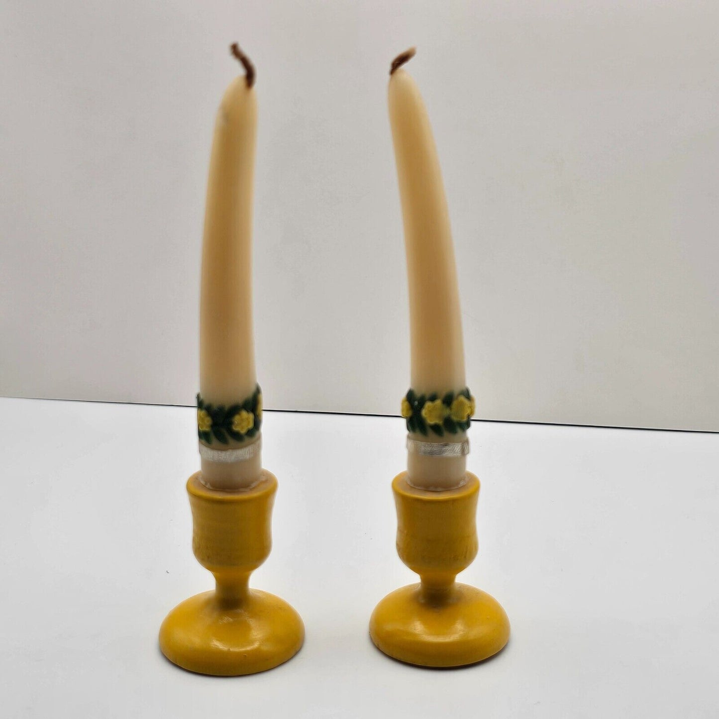 2 pc Erzgebirge Wood Miniature Candle Holders Tapers Yellow West Germany 5"