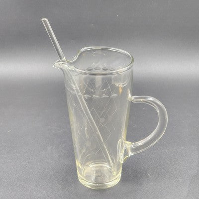 Etched Clear Glass Martini Pitcher 1 Qt w/ Stirrer Fused Handle 8"