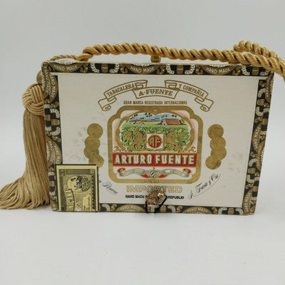Wood Cigar Box Purse Arturo Fuente Dominican Republic Rothschilds Rope Handle