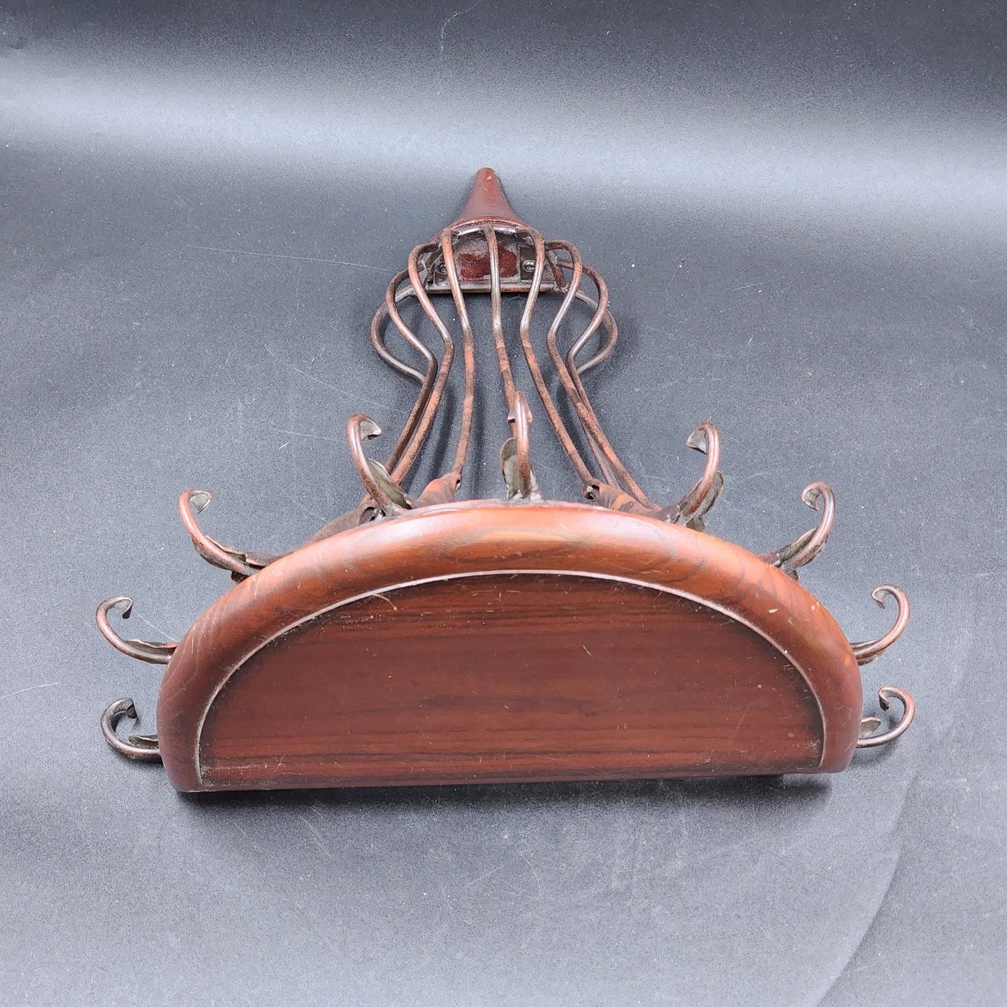 Half-Round Floating Wall Shelf Dark Wood Top Ornamental Metal Support 16.5"