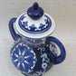 Blue and White Pottery Jar Decorative Piece with Two Handles & Lid