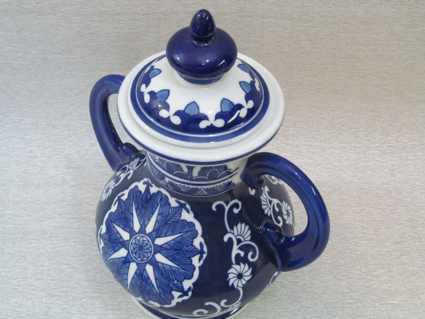 Blue and White Pottery Jar Decorative Piece with Two Handles & Lid