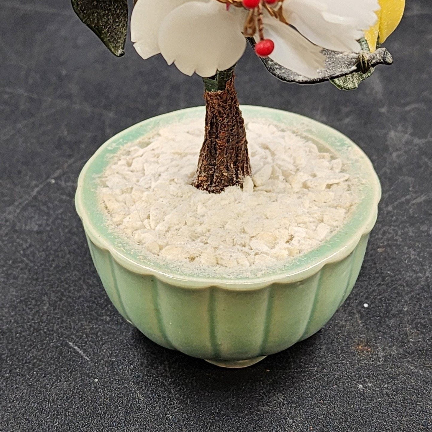 Glass Jade Stone Asian Bonsai Tree Celadon Pot Pink Yellow Floral 6.5"