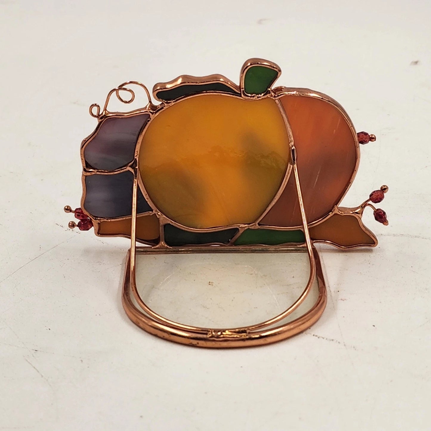 Stained Glass Pumpkin Tealight Holder Fall Apple Acorns 3D Decor Translucent Vtg