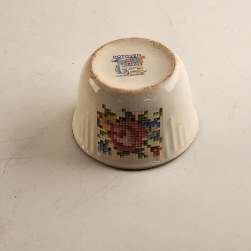 Hotoven Harker Pottery Cooking Ware 2" Cup Cross Stitch Pattern w Silver Rim