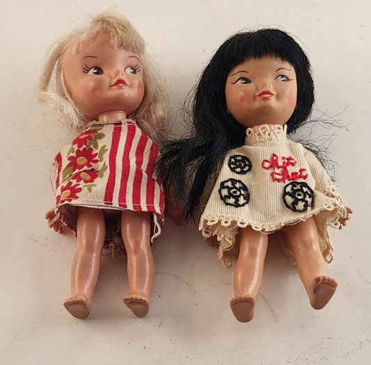 Heidi and Jan Rubber Dolls 5" Tall Remco 1966 Cloth Clothing with Back Buttons