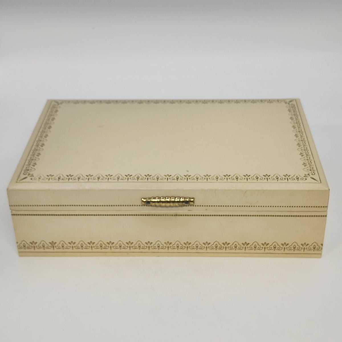 Jewelry Trinket Box Cream Gold Filigree Red Velvet Satin Lift Out Tray 12.5" Vtg