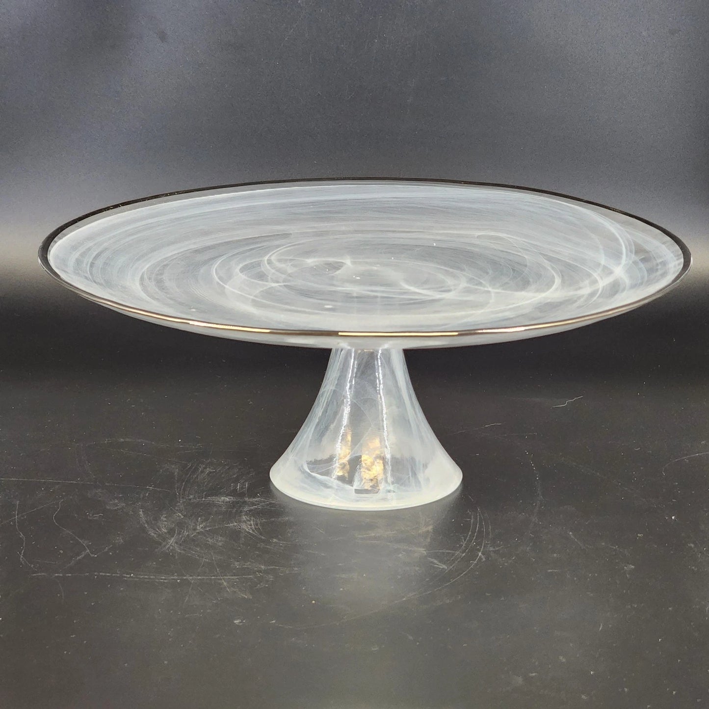 Badash White Alabaster Glass Cake Stand Swirl Silver Trim Footed 12.75" Elegant