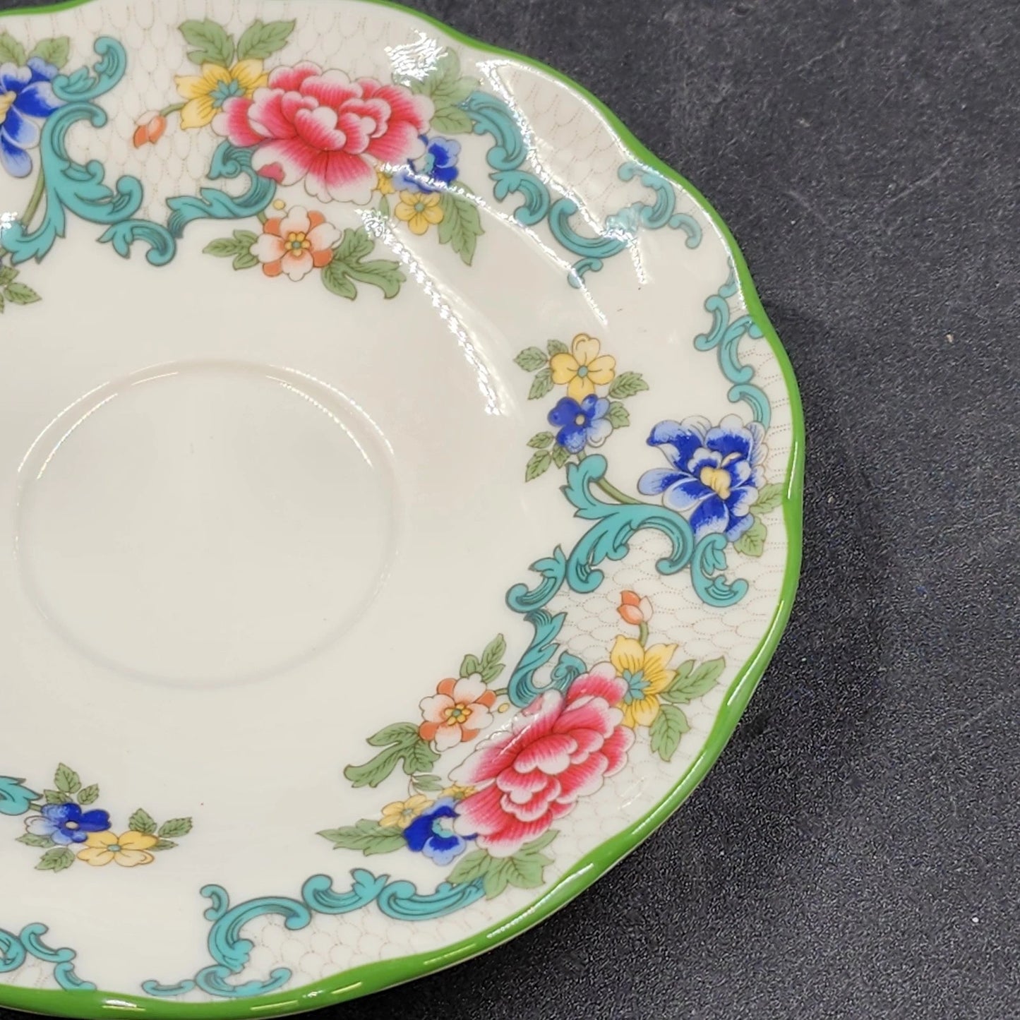 Royal Doulton Floradora Cup Saucer Fine China Floral Green Trim Scalloped 5.75"