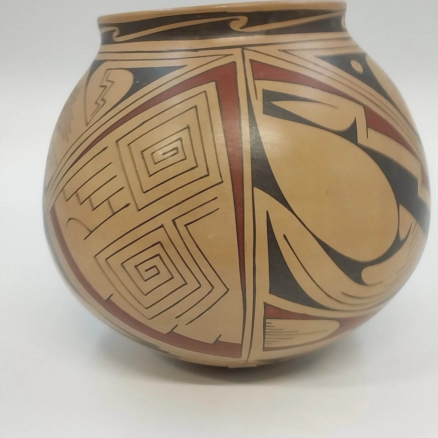 Handmade Mexican Pottery Bowl Geometric Bird Motif Tan Black Red 7" Round Bottom