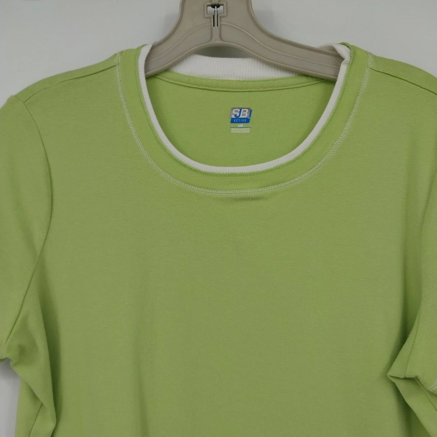 SB Active Ringer T Shirt Women's Large Lime Green White Trim Short Sleeve Cotton