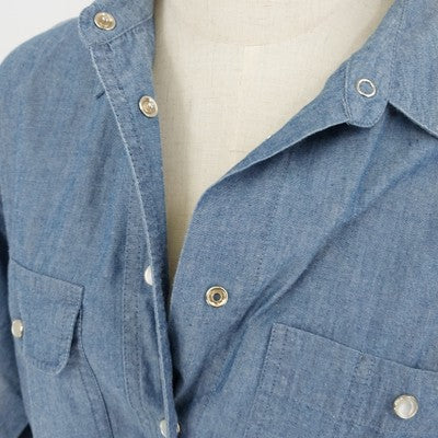 Lizsport Denim Shirt L Pearl Snap Long Sleeve 100% Cotton Blue