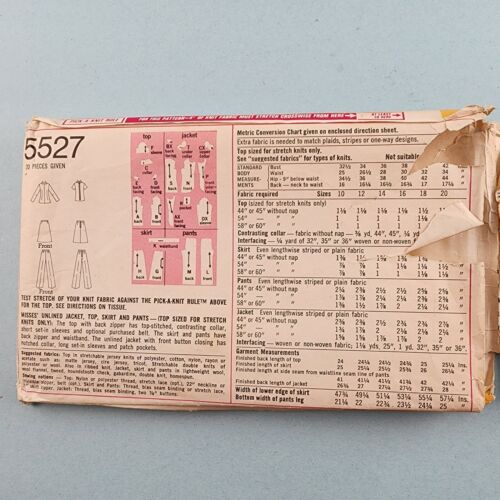 Simplicity 5527 Vintage Sewing Pattern Misses Unlined Jacket Top Skirt Pants 70s