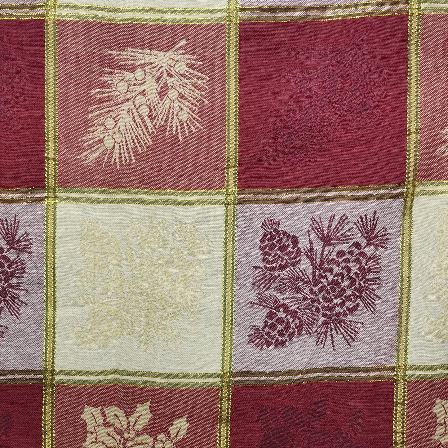 Large Plaid Christmas Tablecloth Red White Gold Metallic Thread 82x60 Pine Tree
