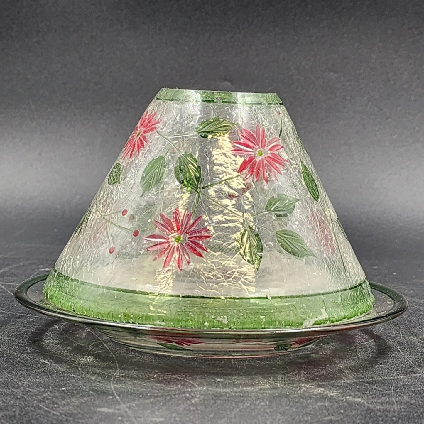 Yankee Candle Shade & Underplate Large Jar Crackle Glass Pink Flower Green Vines