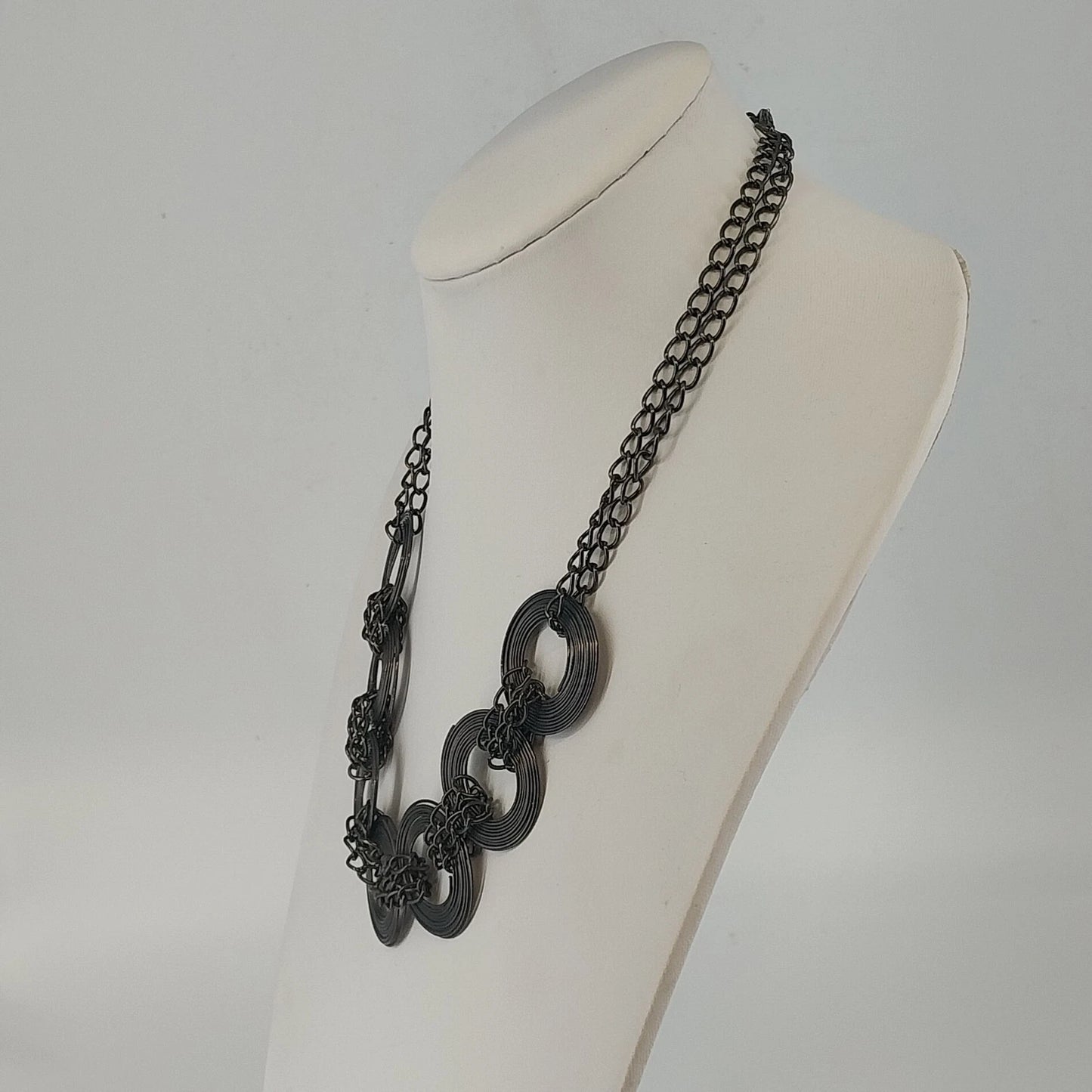 Gunmetal Chain Link Statement Necklace Oversized Circle Runway Fashion Vintage