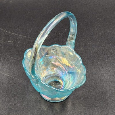 LE Smith Aqua Blue Stippled Glass Basket 6"w x 8.5" Applied Loose Handle AS IS