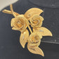 Textured Gold Tone Triple Rose Brooch with Leaves Costume Jewelry 2.5" Long Vtg