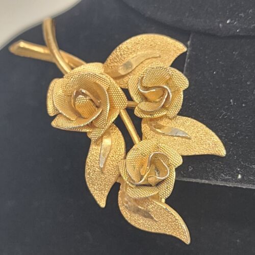 Textured Gold Tone Triple Rose Brooch with Leaves Costume Jewelry 2.5" Long Vtg