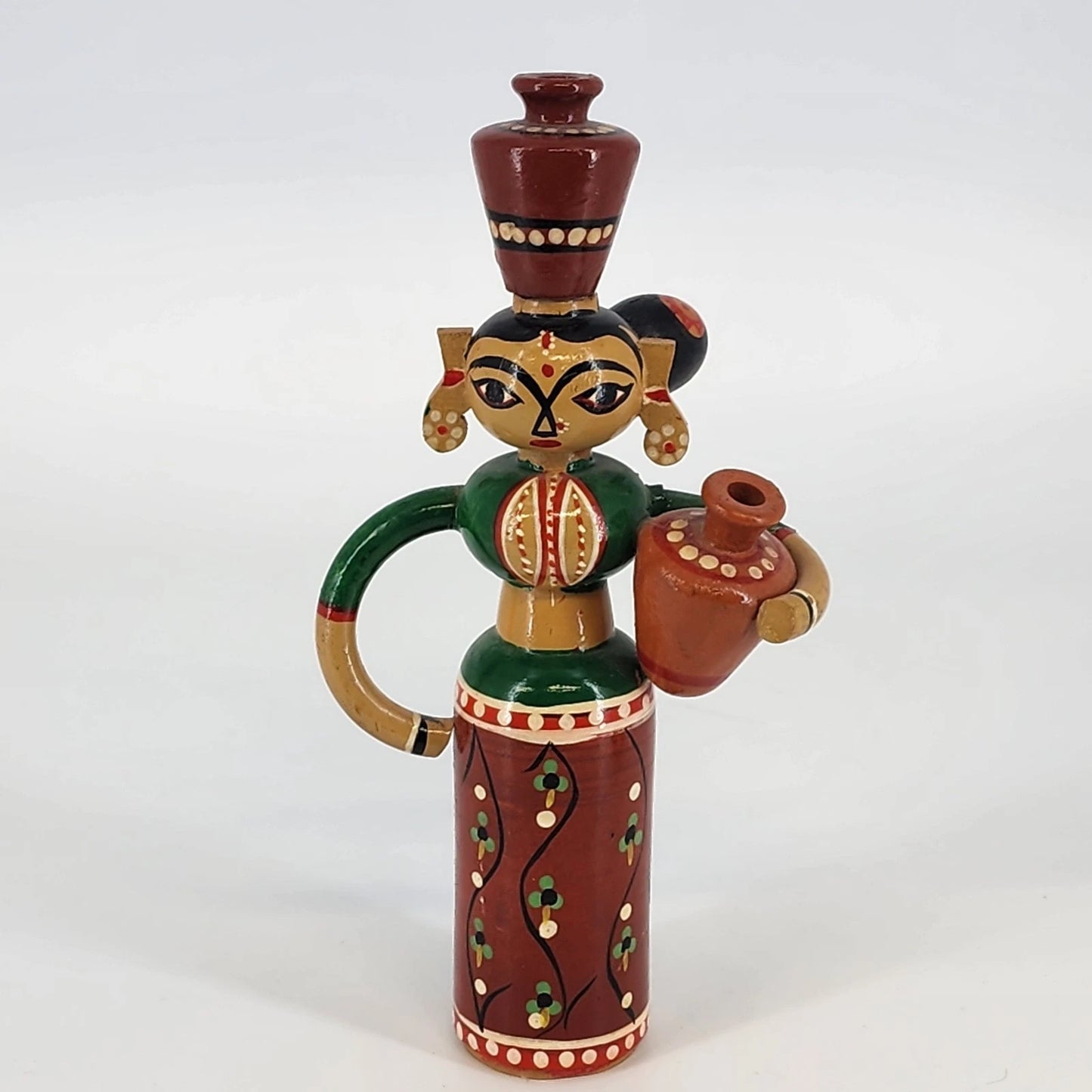 Channapatna Handmade Wooden Doll Woman Carrying Water Pots Karnataka India 8.5"
