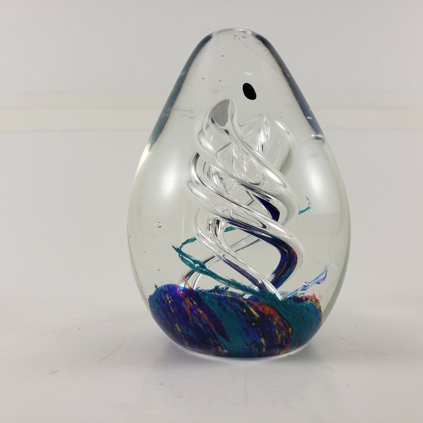 Egg Paperweight Triple Spiral Air Bubble Helix Swirl Art Glass Colors in Base
