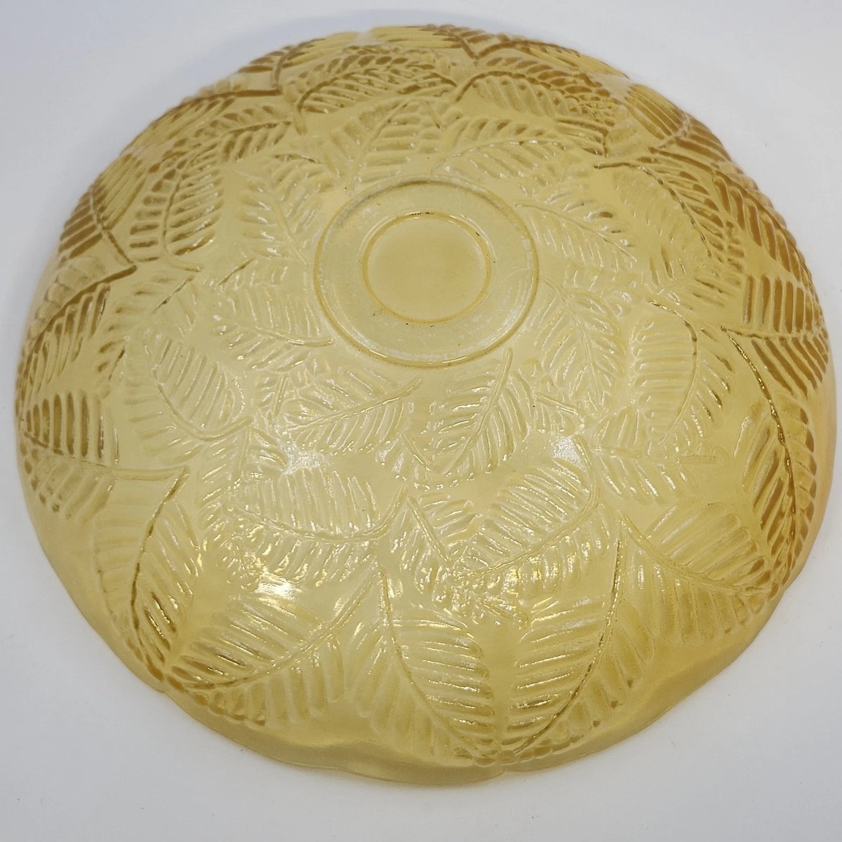Amber Glass Serving Bowl Embossed Fern Leaf Pattern Scalloped Rim 13" Vintage
