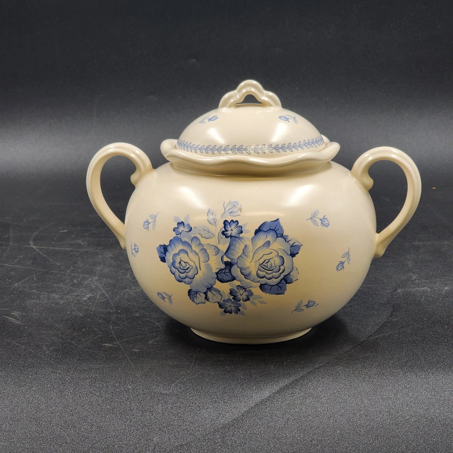 Somerset Garden Lidded Urn Bowl Crowning Touch Twin Handles 6" Blue Floral