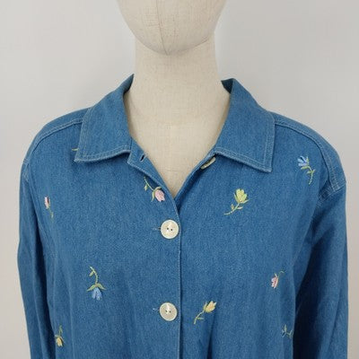 Koret City Blues Denim Shirt Jacket L Floral Embroidered Long Sleeve Women's