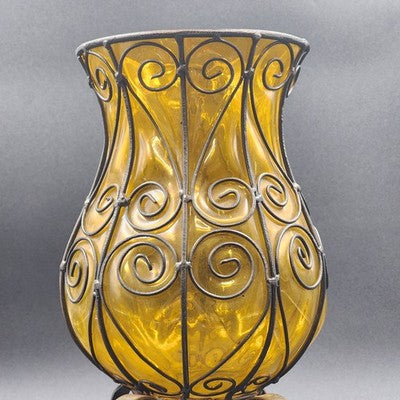 Vintage Amber Glass Caged Centerpiece – 13.5" Hand-Blown Vase or Candle Holder with Metal Footed Base – Rustic Farmhouse Décor