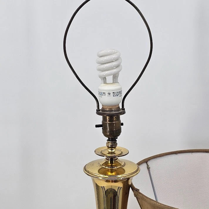 Brass Table Lamp 25" Fabric Shade Finial Electric 1980s Early American MCM