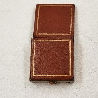 Tan Pill Box Trinket Jewelry Faux Leather Top & Bottom Gold Metal Finish