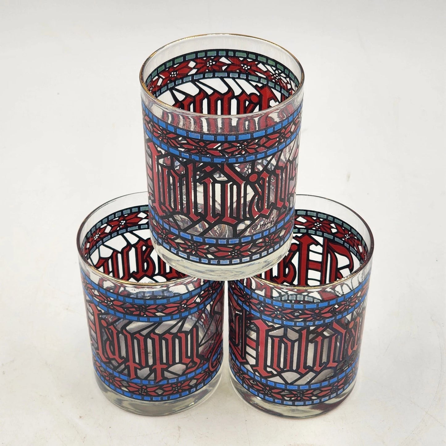 3 Houze Happy Holidays Old Fashioned Stained Glass 3.25"d x 4"h MCM Barware