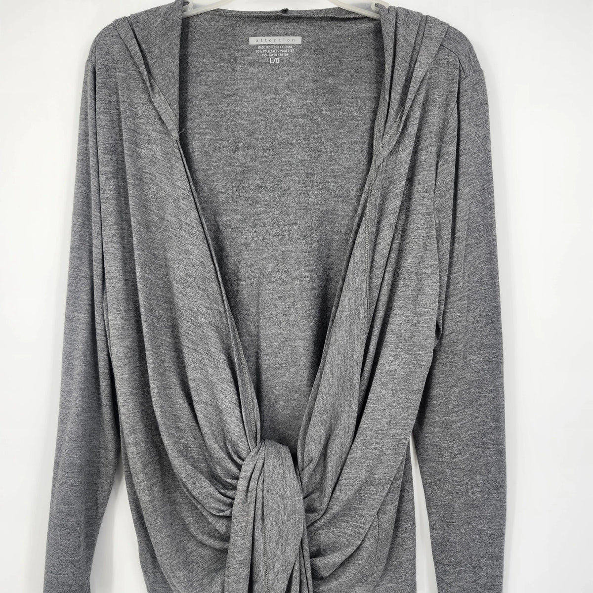Attention Women’s L/G Gray Hooded Tie Front Cardigan Lightweight Draped