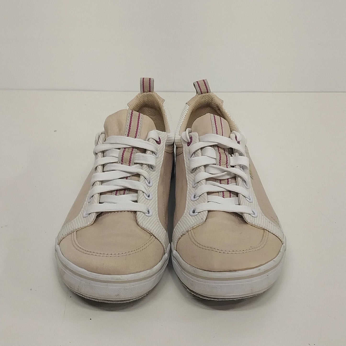 Keds Canvas Sneakers Women Size 8.5 Tan Plum Lace Up Ticking Stripe Casual Shoes