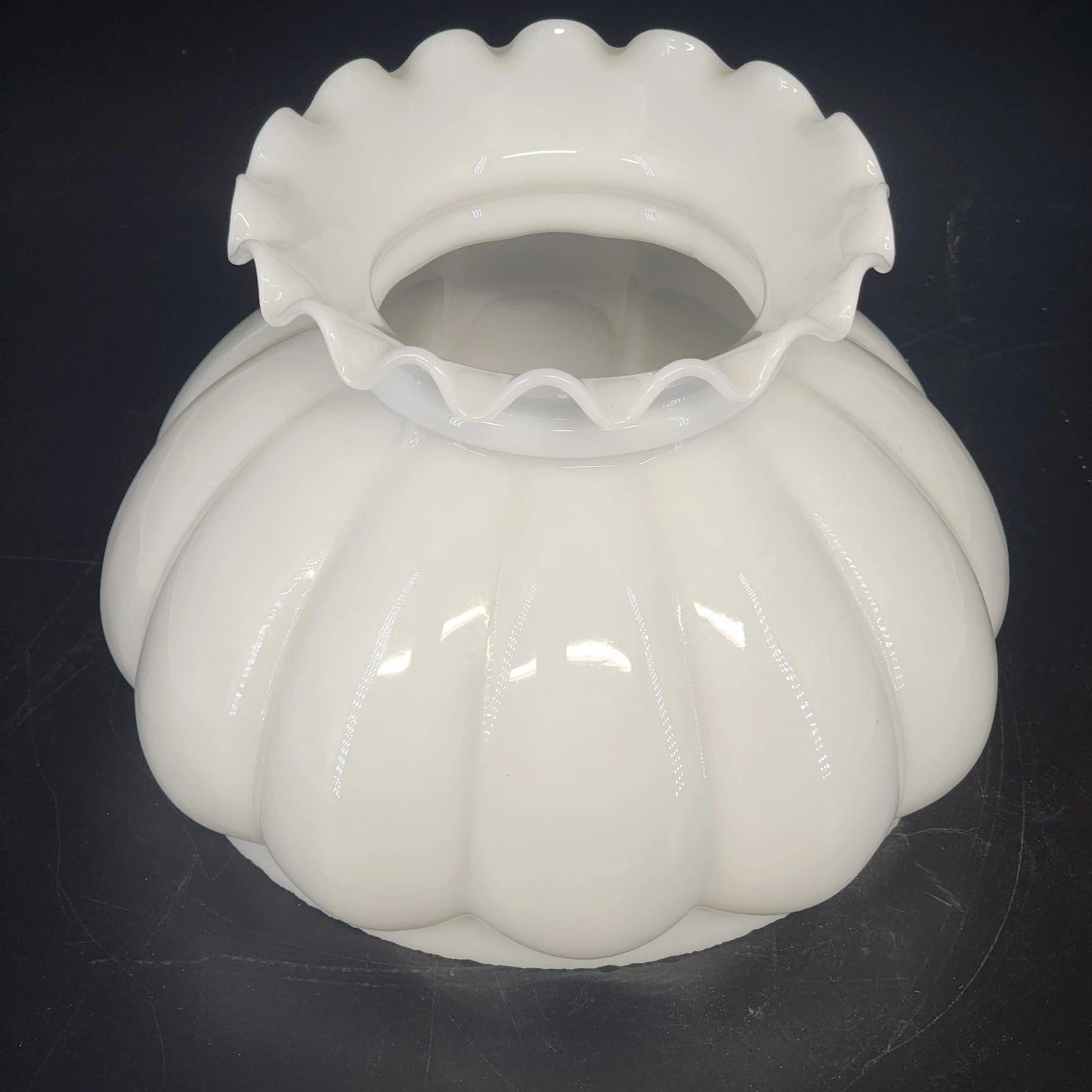 Milk Glass Oil Lamp Shade 8x5.5" Lantern Style Quilted Panel Ruffled Top Vintage
