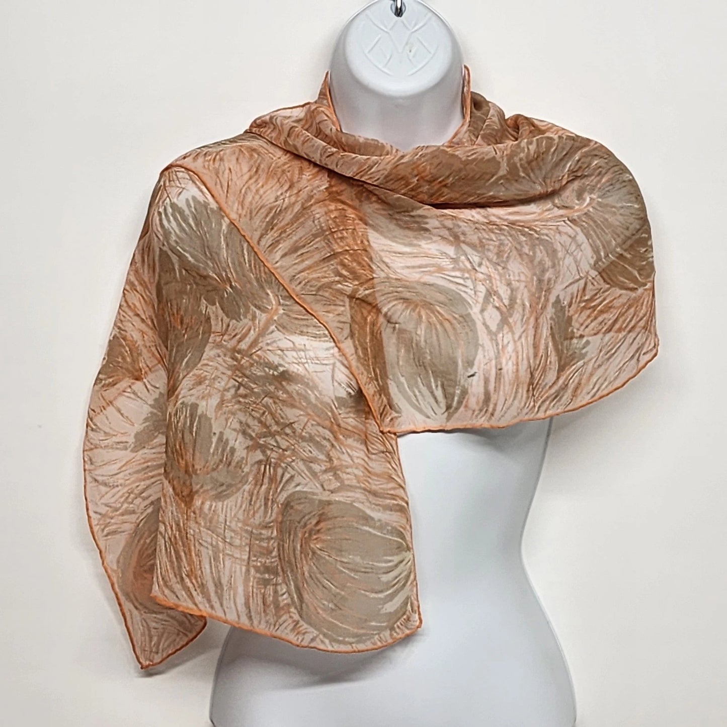 Peach Nylon Neck Scarf Sheer Floral Leaves Print 40"x15" Finished Edge Vintage