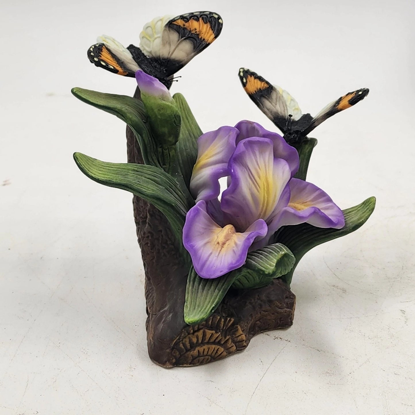 Vemar Collection Porcelain Figurine Purple Iris Red Rose 2 Butterflies Wood Base