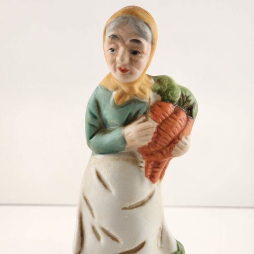 Old Woman with Carrots Porcelain Figurine Apron Yellow Scarf Vintage 6"h