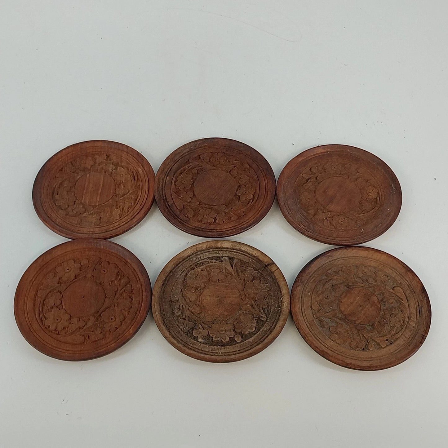 Indian Carved Natural Wooden Coasters Set 6 Floral Rustic Drink Disc 4" Vintage