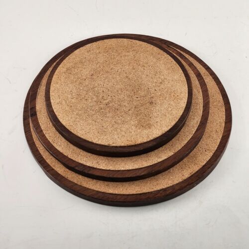 3 Round Wooden Hot Pad Trivets Cork Top 7" 8.5" and 10" Diameter Finger Grips