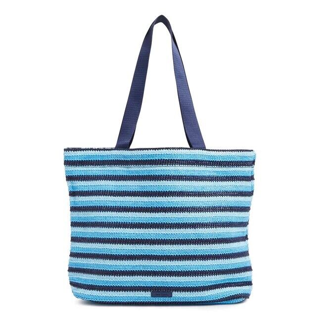 Vera Bradley Straw Stripe Tote Blue Wave Medallion Bag Beach Shoulder 15 x 14"