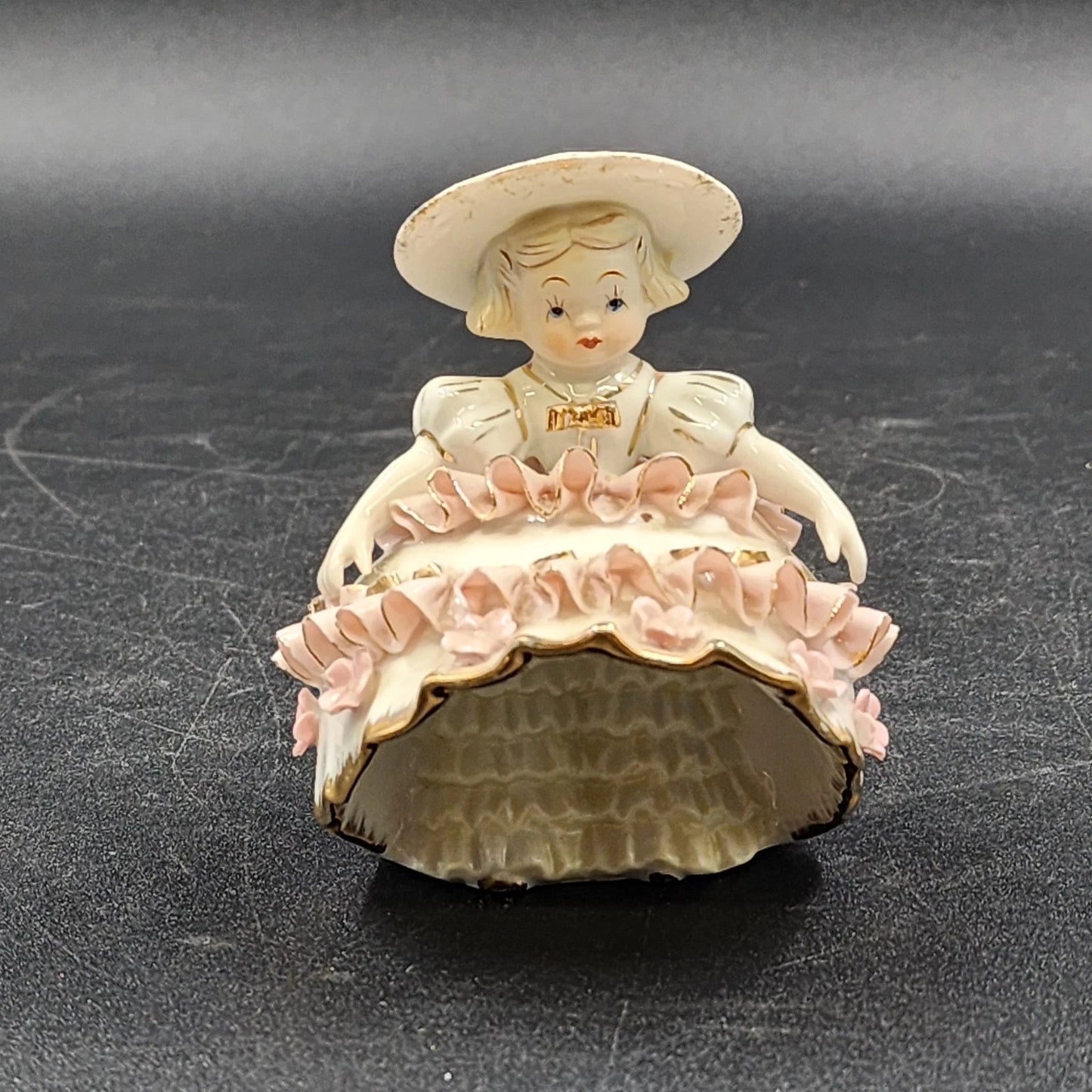 Lefton Bloomer Girl Figurine 4" Curtsy Dress Roses Gold Trim Signed Geo Z K1412