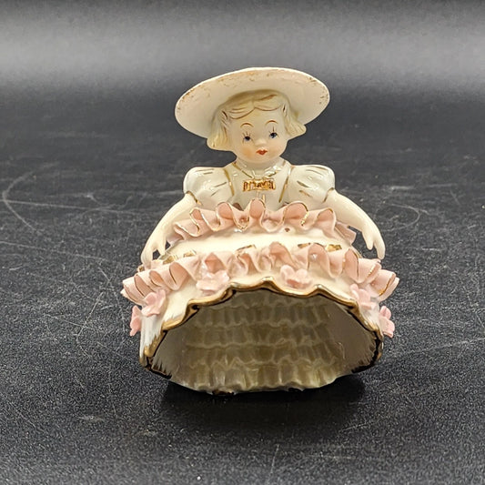 Lefton Bloomer Girl Figurine 4" Curtsy Dress Roses Gold Trim Signed Geo Z K1412