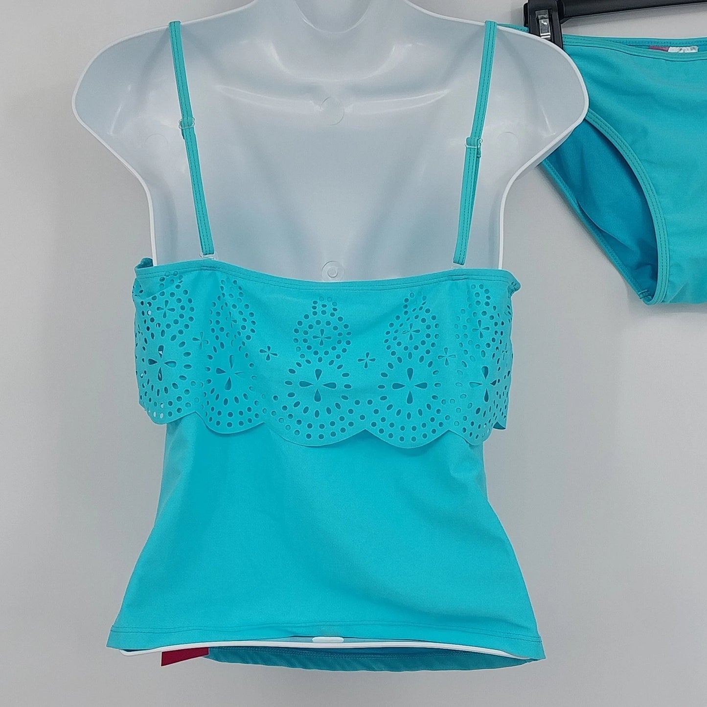 Capri Womens Tankini 2 Piece Swimsuit XL Turquoise Eyelet Lace Front Nylon Blend