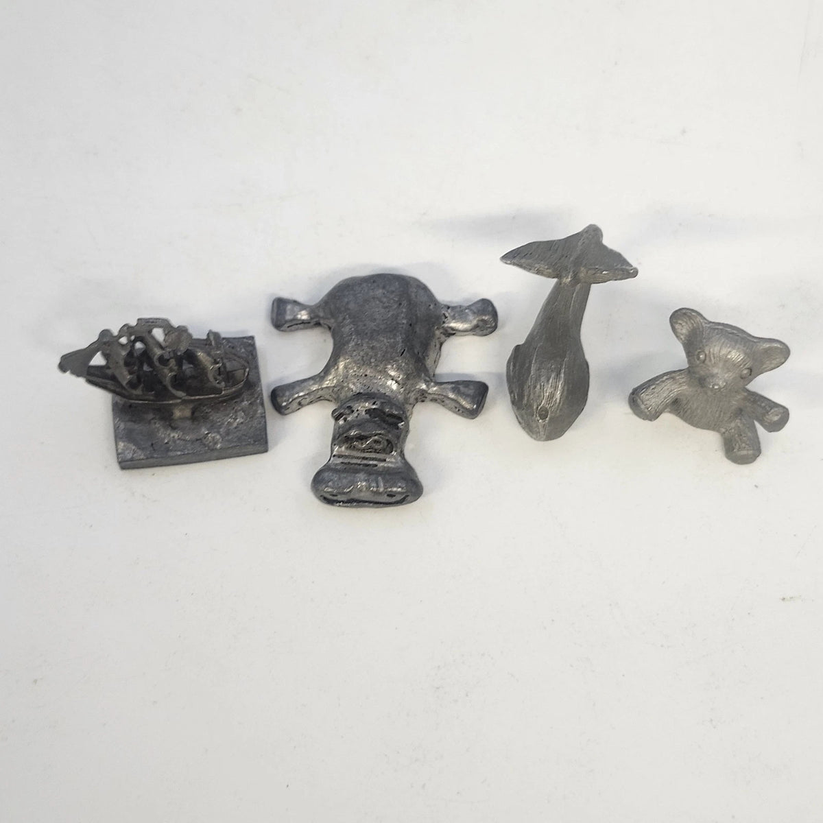 Pewter Figurine Lot 4 Whale Hippo Teddy Bear Sailing Ship Sculpted Animals Vtg
