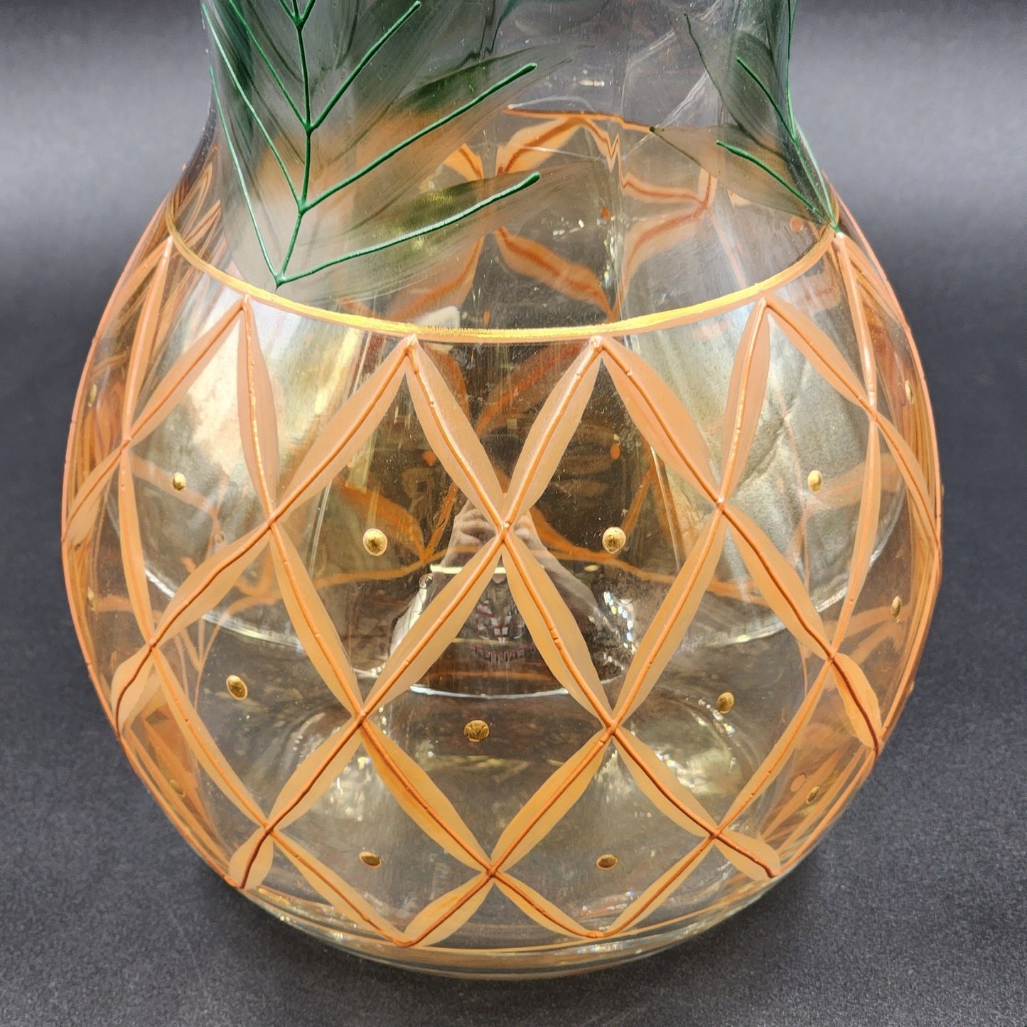 Romanian Vase Clear Crystal Hand Painted Art Glass Pineapple Design Gold Trim