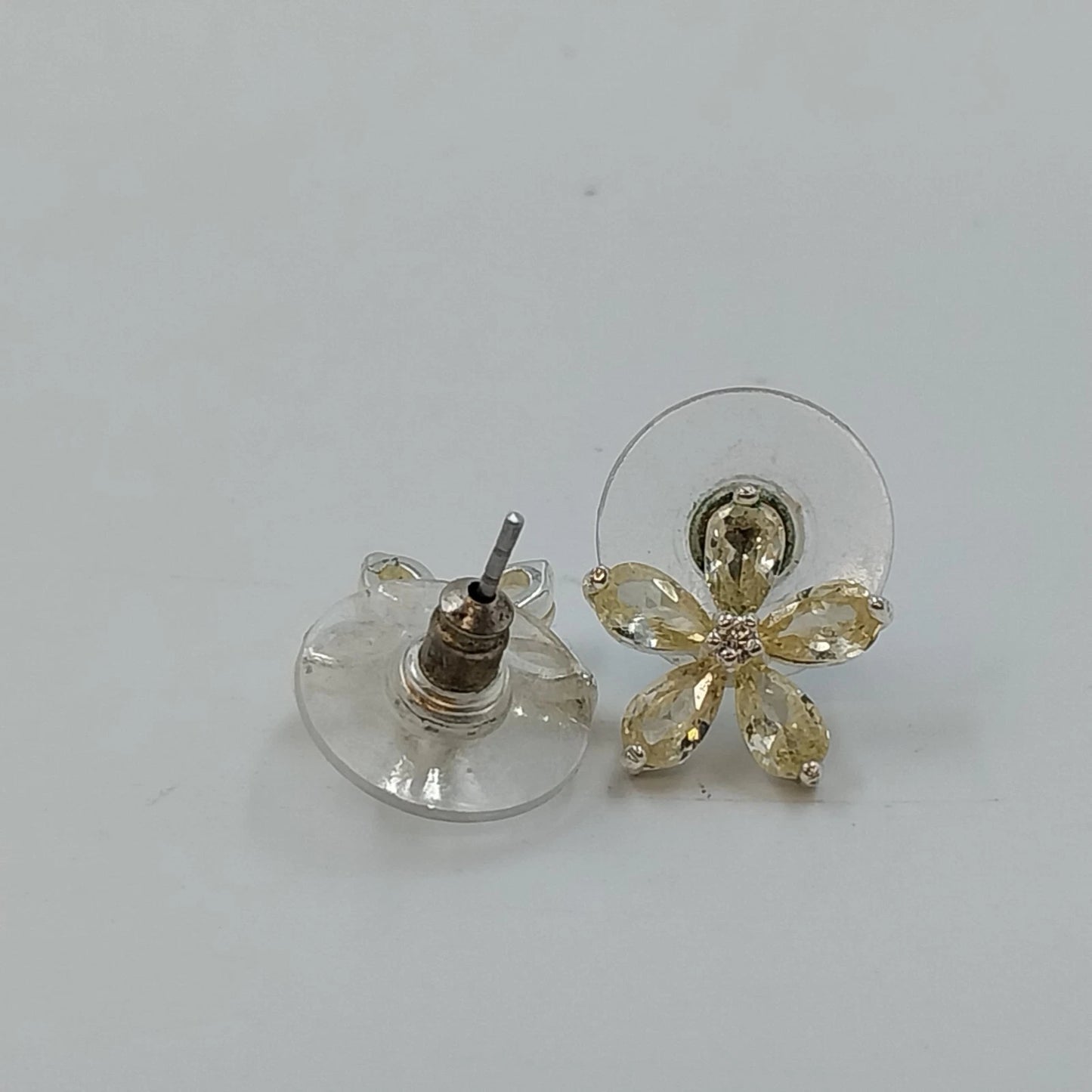 Yellow Flower Stud Earrings Pear Cut Faceted Stones Silver Tone Floral Jewelry